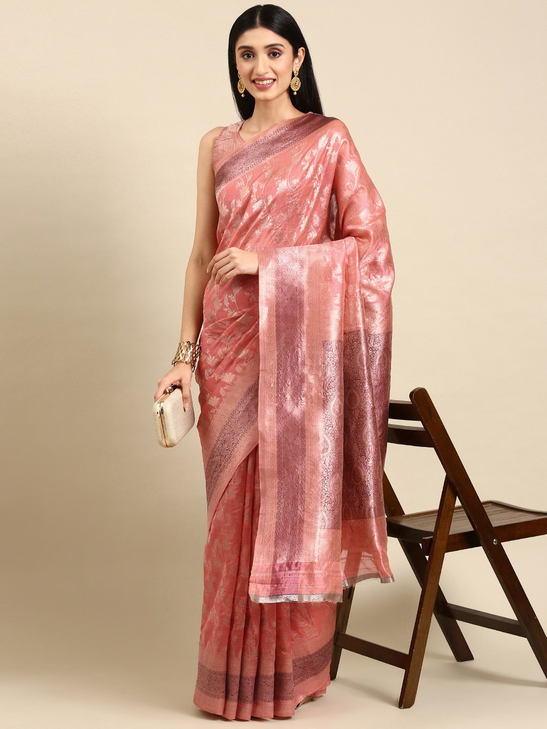 

VAIRAGEE Ethnic Motifs Woven Design Saree, Pink
