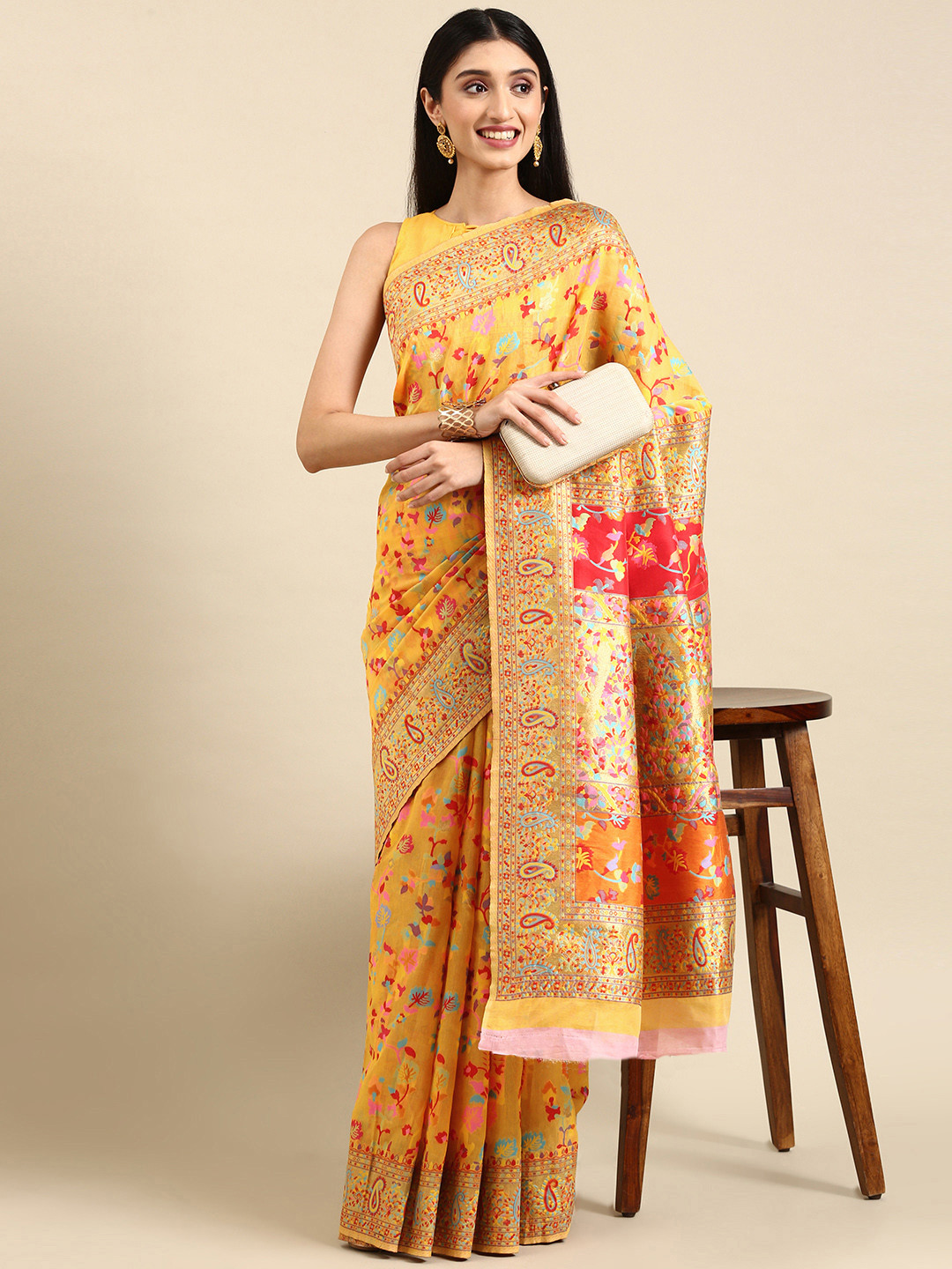 

VAIRAGEE Yellow & Red Floral Zari Saree