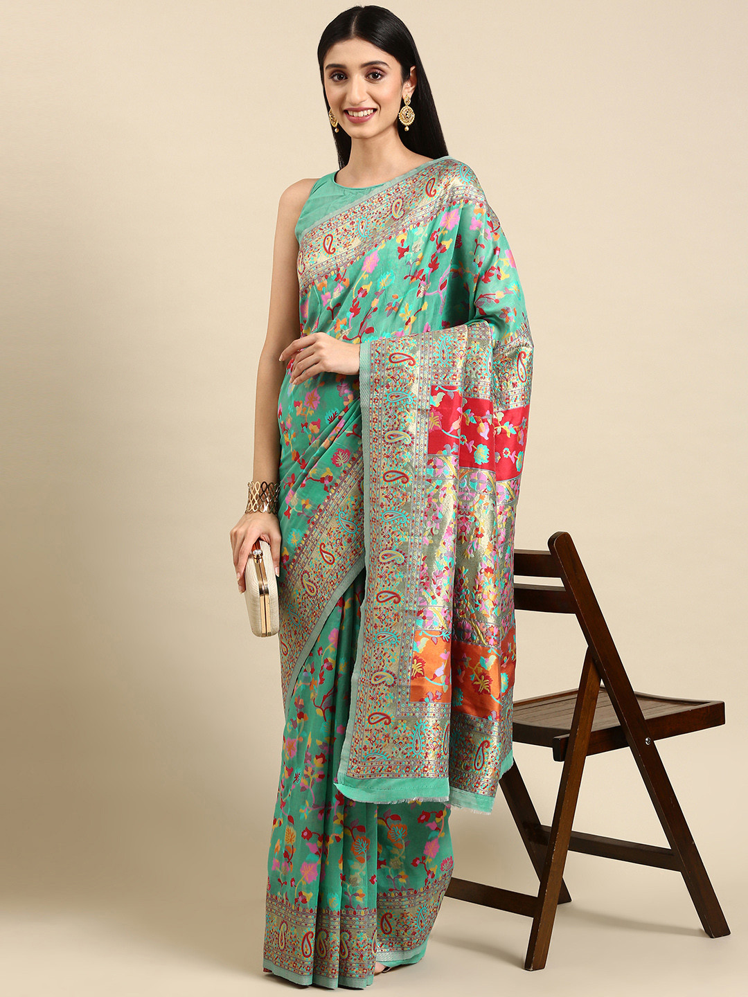 

VAIRAGEE Ethnic Motifs Woven Design Saree, Sea green