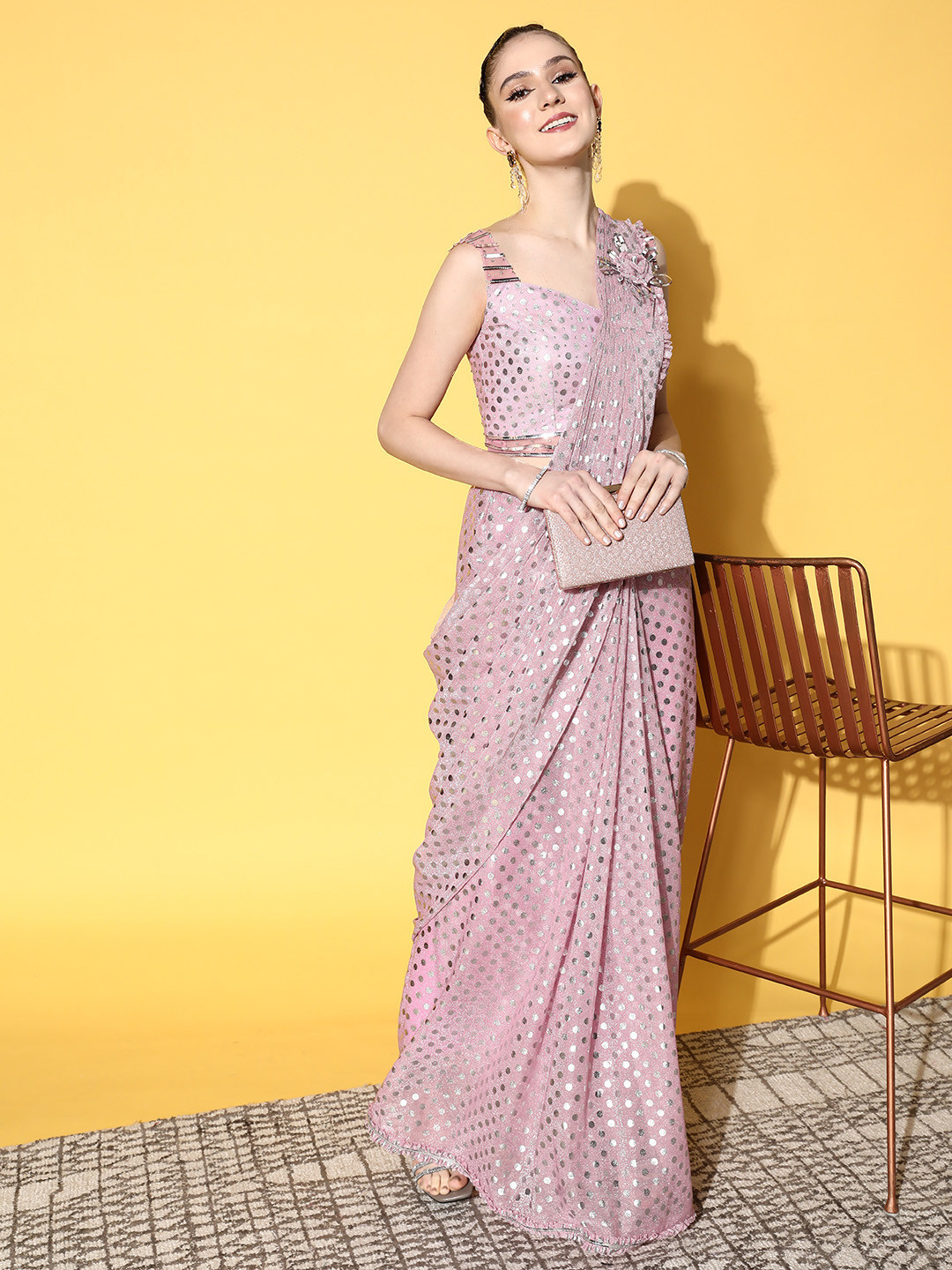 

Chhabra 555 Pink & Silver-Toned Embellished Ready To Wear Saree