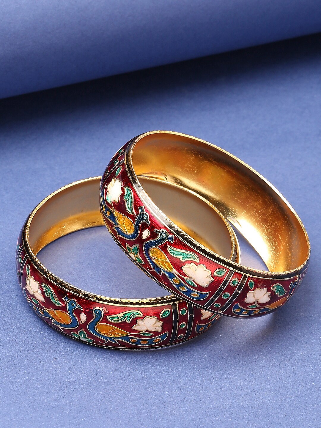 

OOMPH Set of 2 Red & Green Meenakari Peacock Floral Bangle