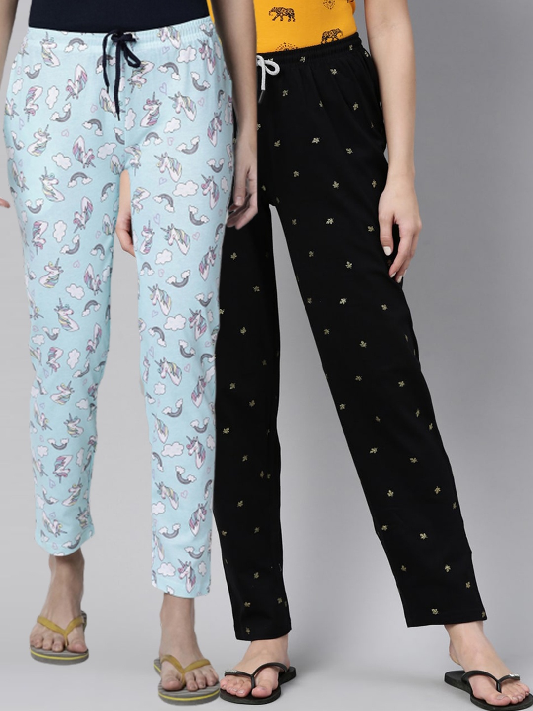 

Kryptic Women Pack Of 2 Printed Cotton Lounge Pants, Black