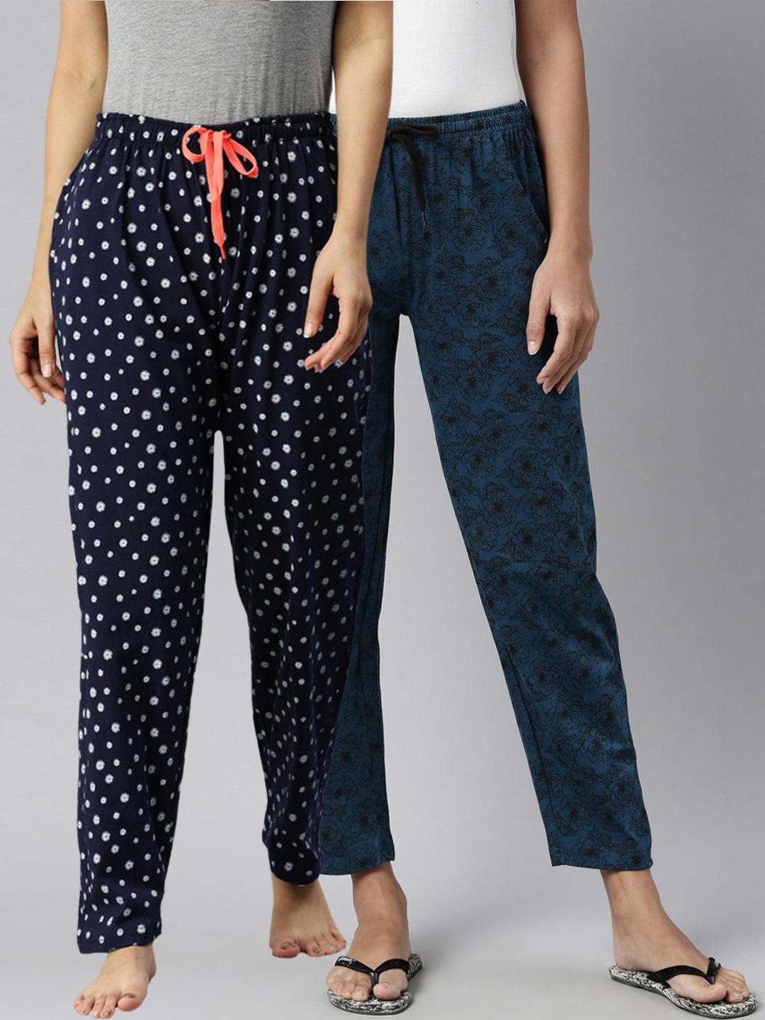 

Kryptic Women Pack Of 2 Navy Blue Printed Cotton Lounge Pants