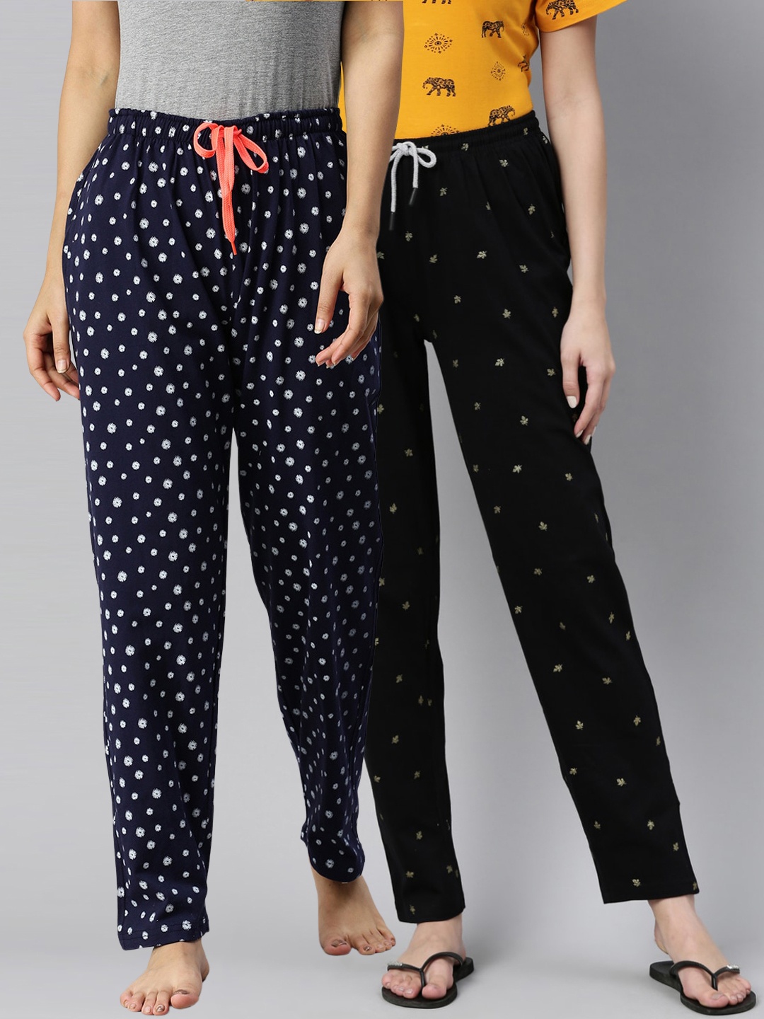 

Kryptic Women Pack Of 2 Printed Cotton Lounge Pants, Black