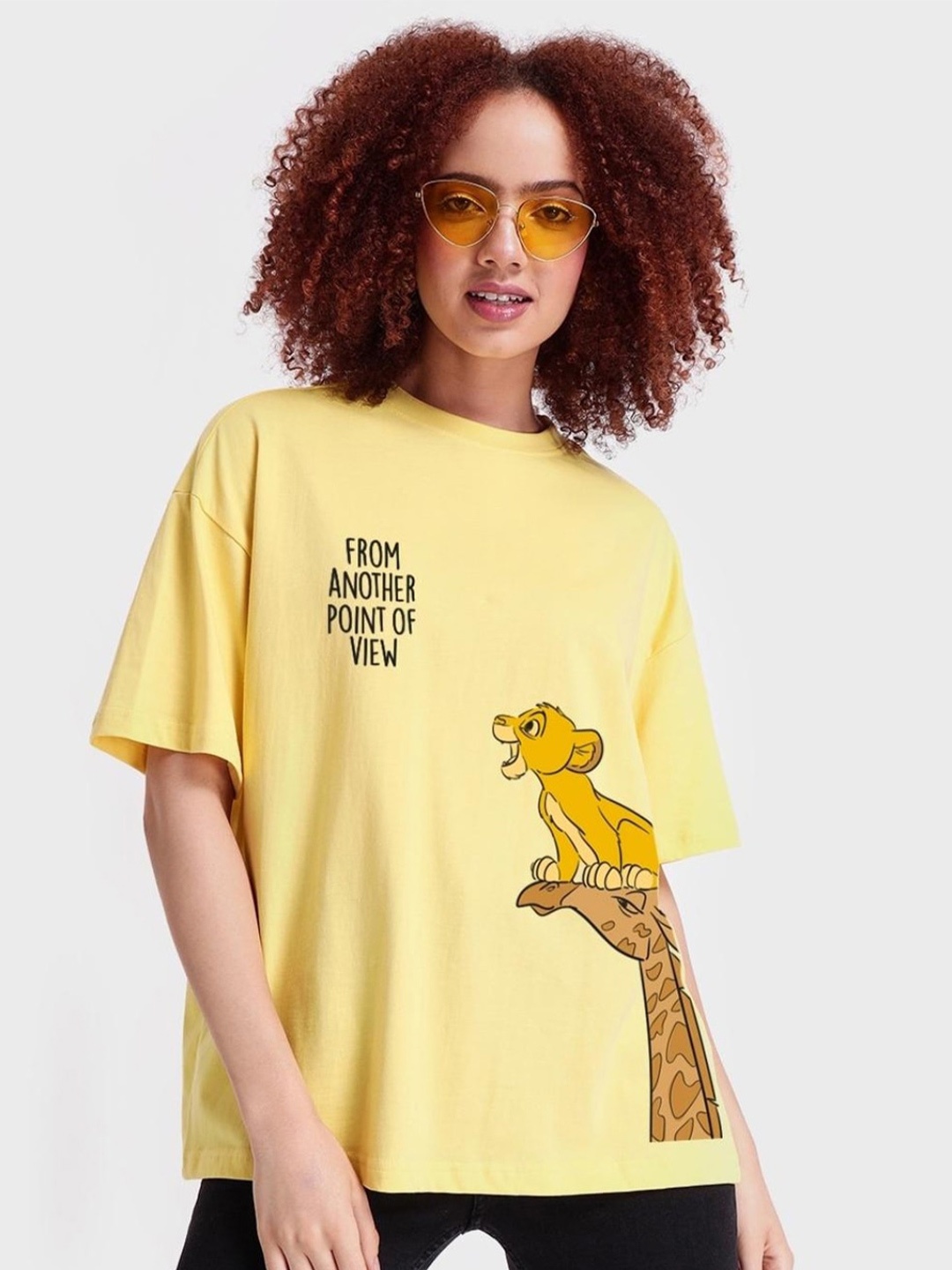 

Bewakoof Women Yellow Printed Drop-Shoulder Sleeves Loose Cotton T-shirt
