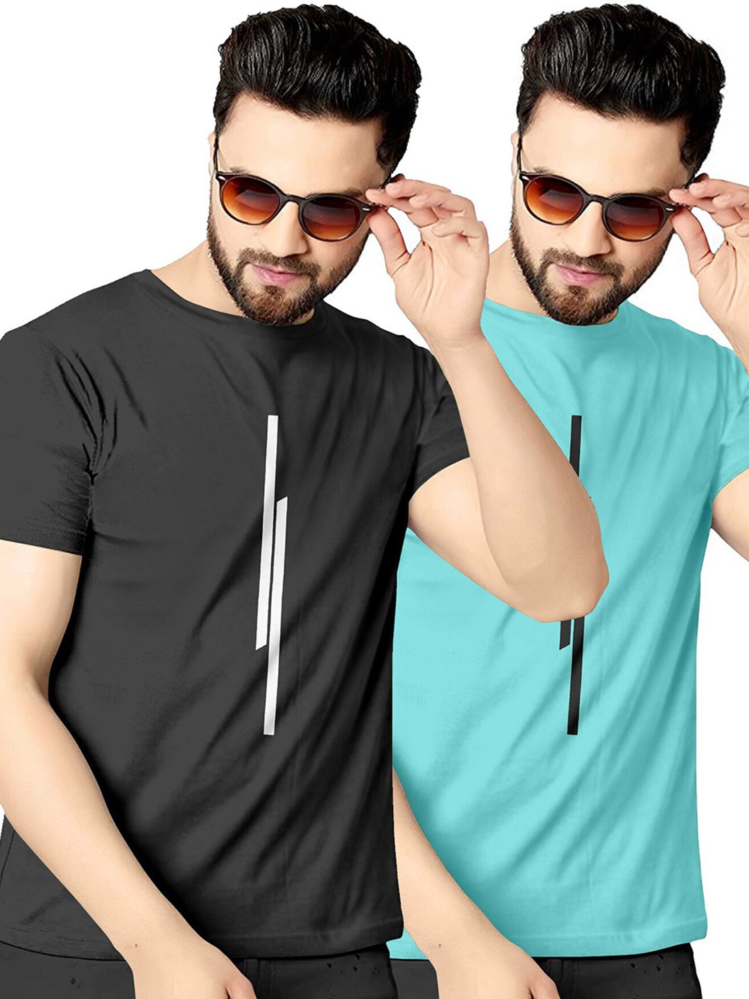 

KAJARU Men Pack of 2 Black & Blue T-shirt