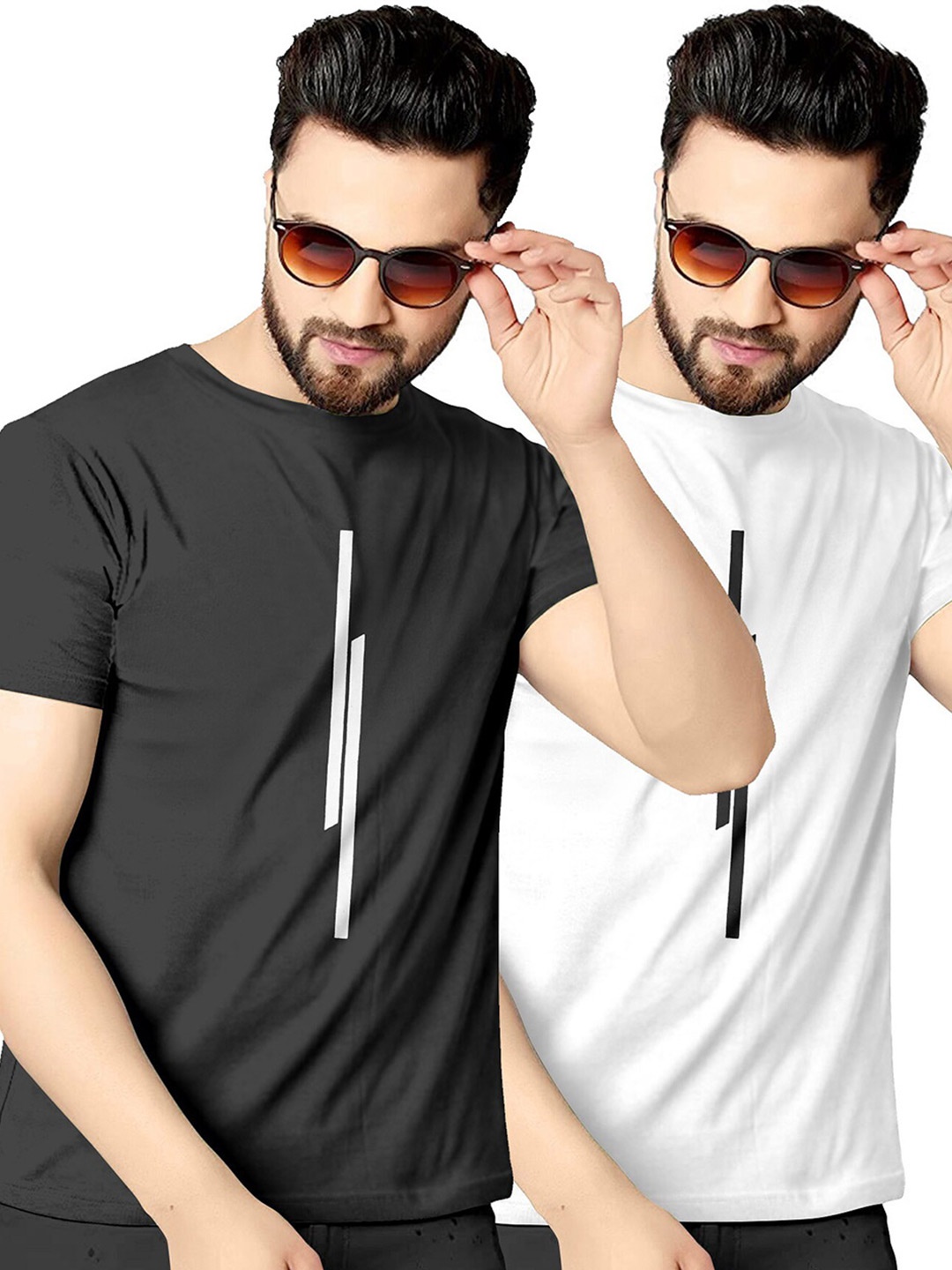 

KAJARU Men Pack of 2 Black & White T-shirt