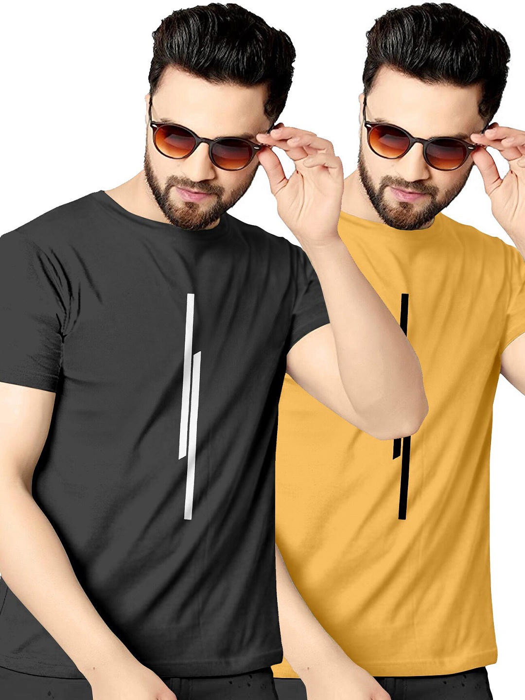 

KAJARU Men Pack of 2 Black & Yellow T-shirt