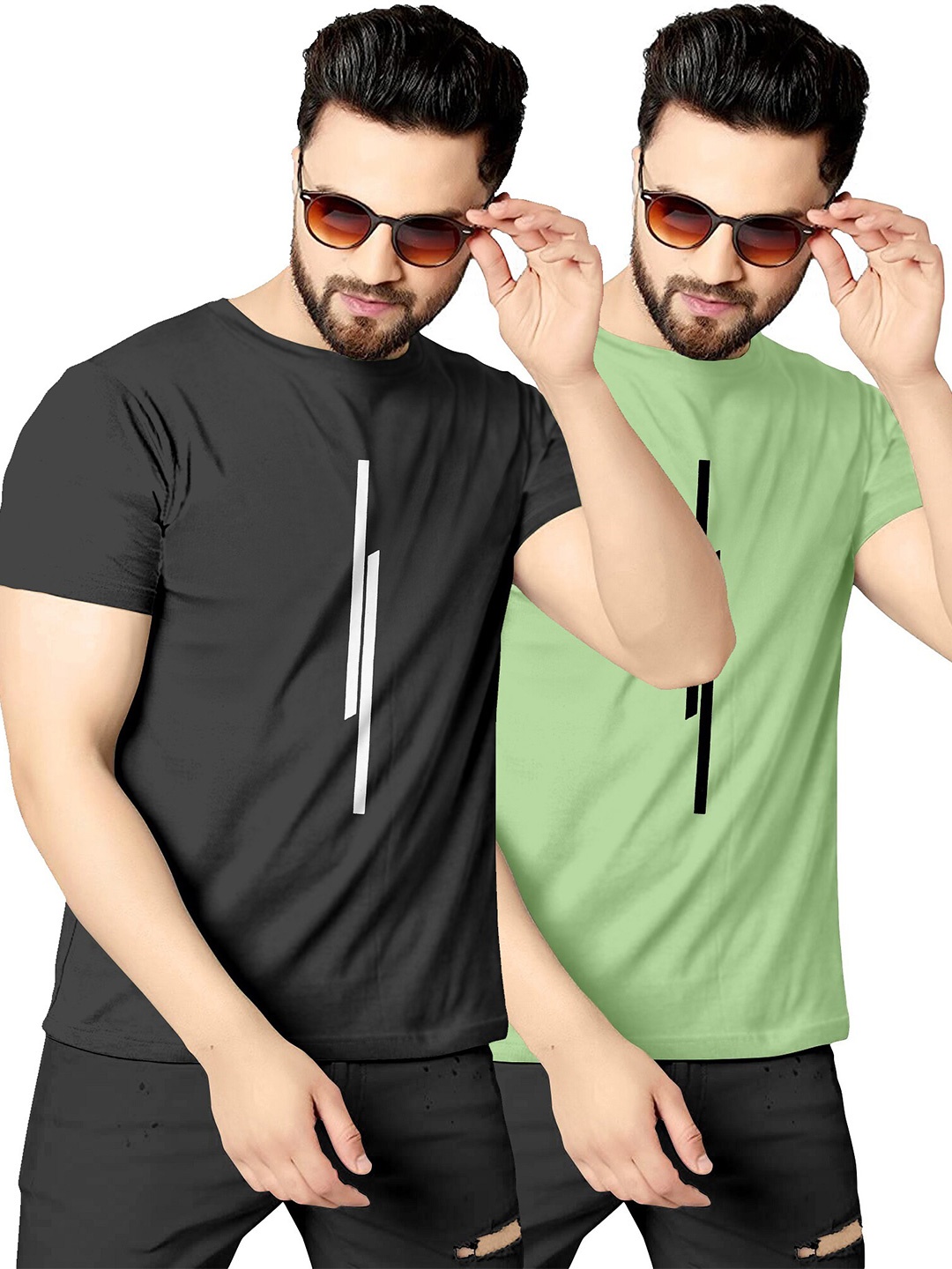 

KAJARU Men Pack of 2 Black & Green T-shirt