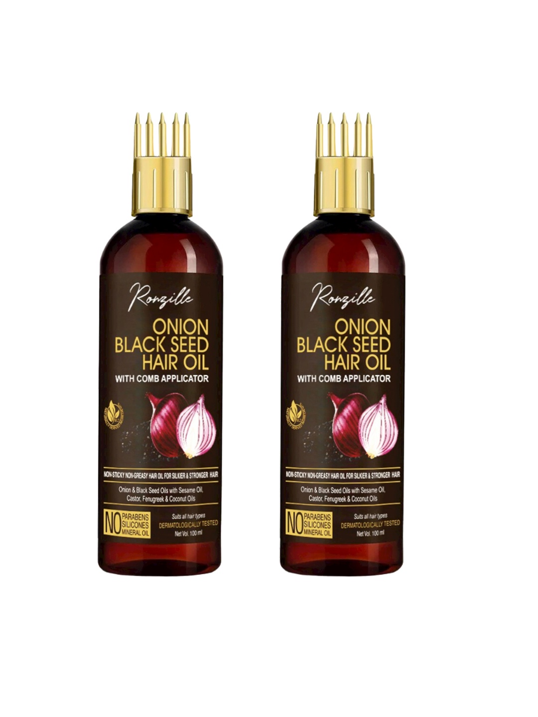 

Ronzille Set of 2 Onion Black Seed Hair Oil with Comb Applicator - 100 ml, Brown