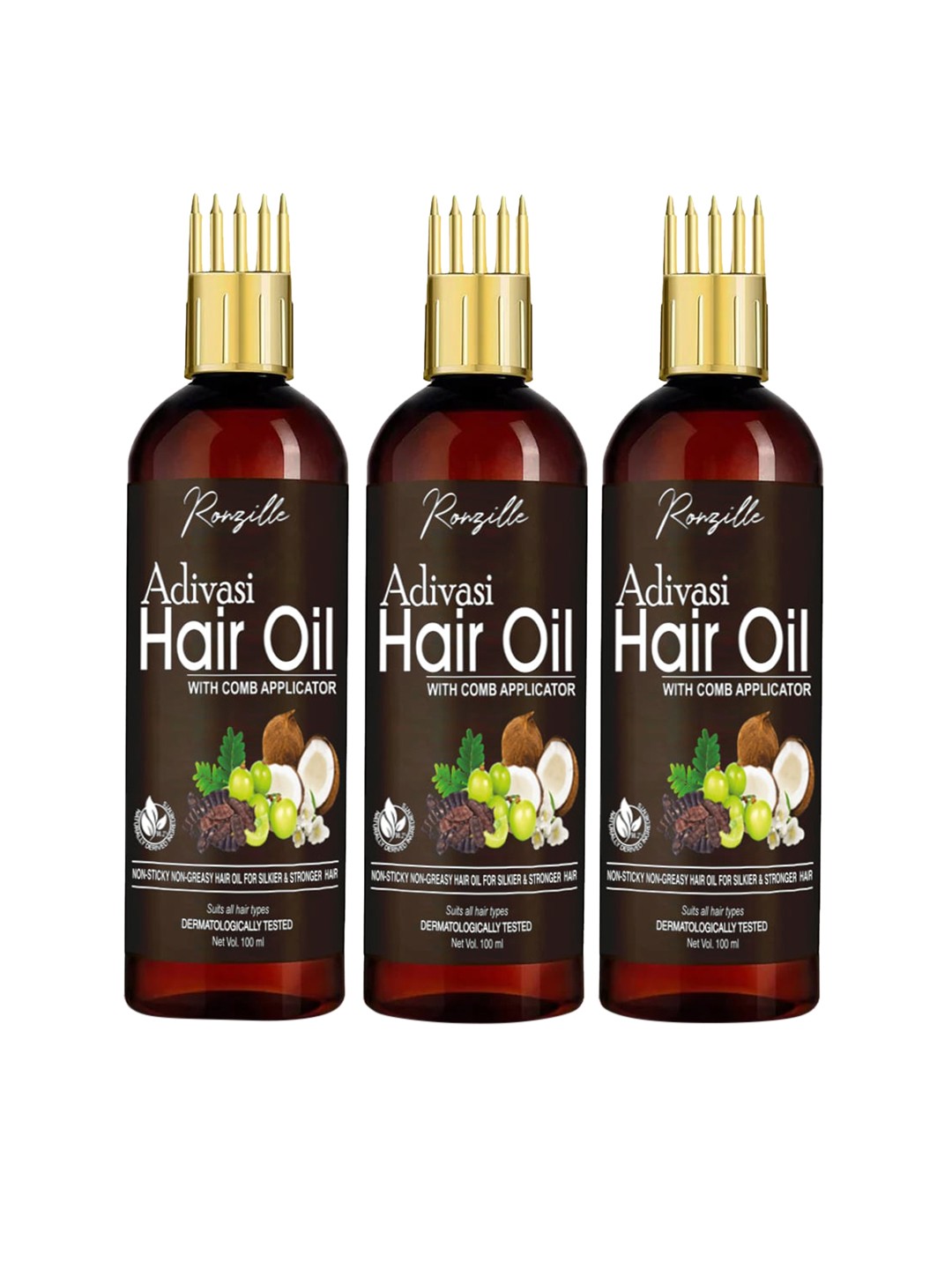

Ronzille Set of 3 Adivasi Jadibuti Hair Oil with Comb Applicator - 100 ml, Brown