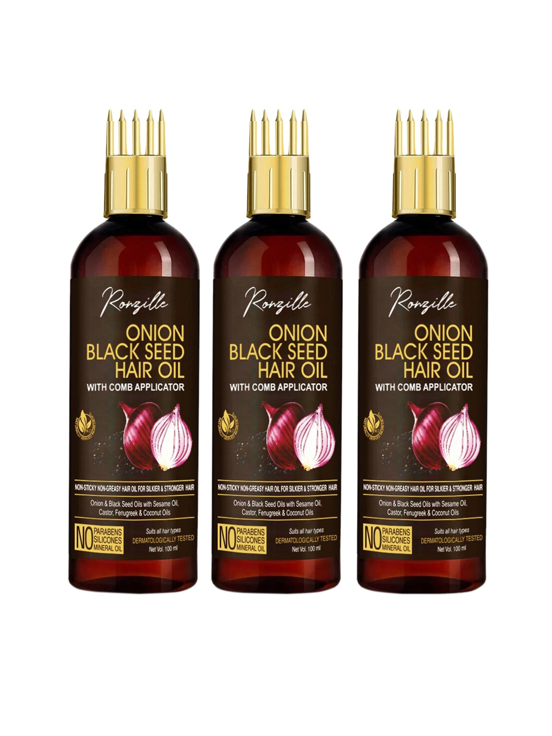 

Ronzille Set of 3 Onion Black Seed Hair Oil with Comb Applicator - 100 ml, Brown
