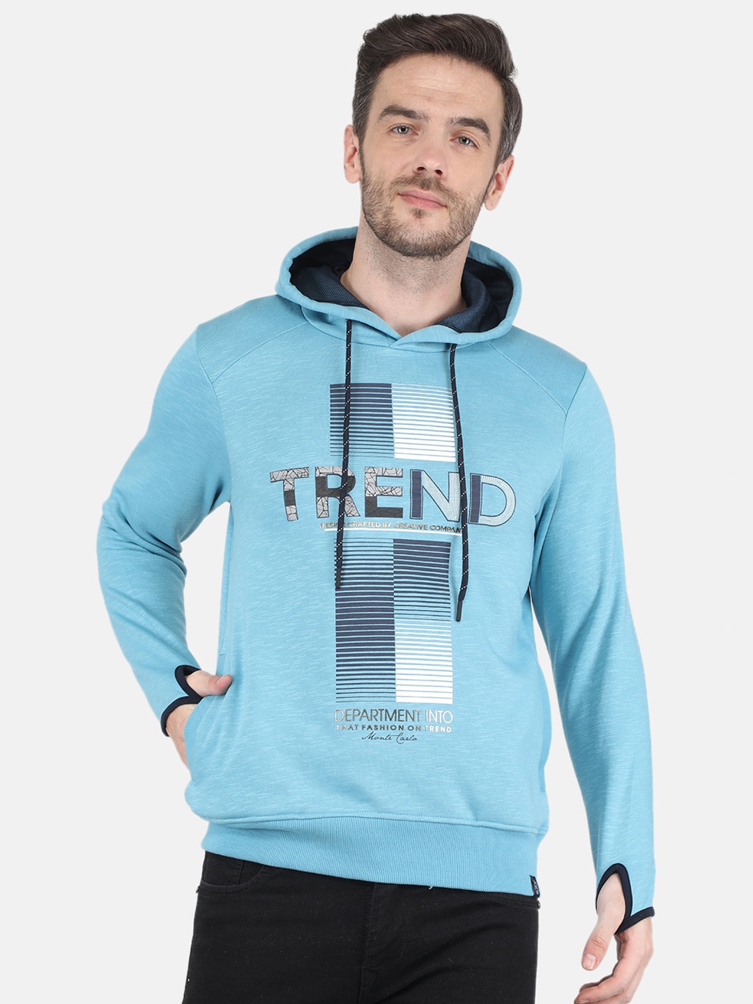 

Monte Carlo Men Blue Typography Printed Hooded Cotton Sweatshirt