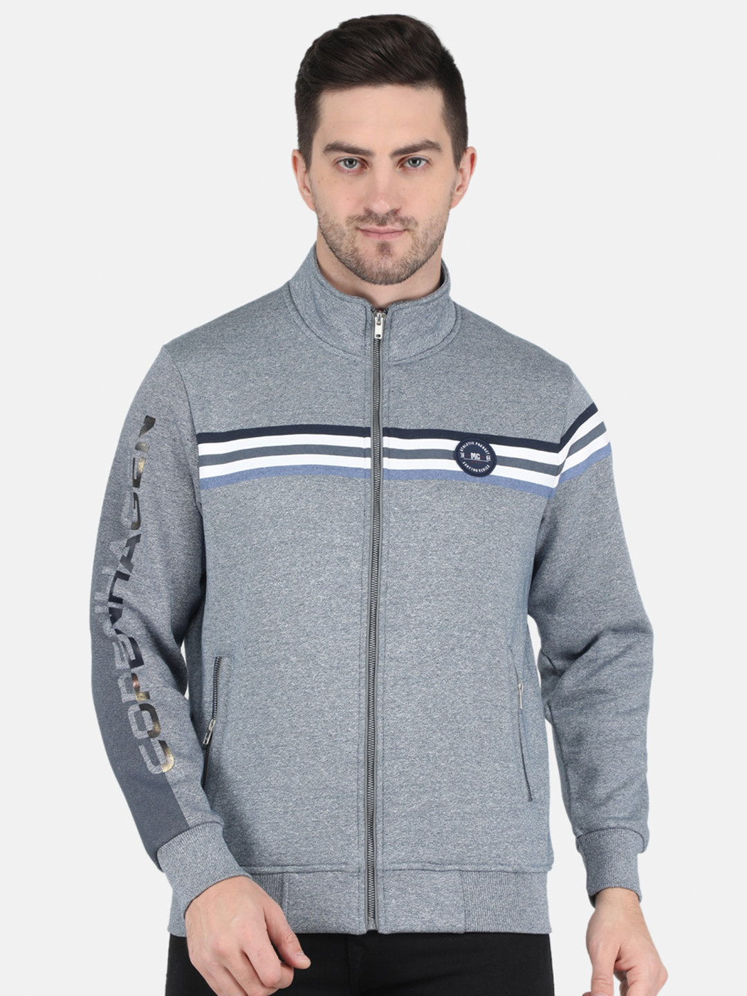 

Monte Carlo Men Grey Striped Front-Open Cotton Sweatshirt
