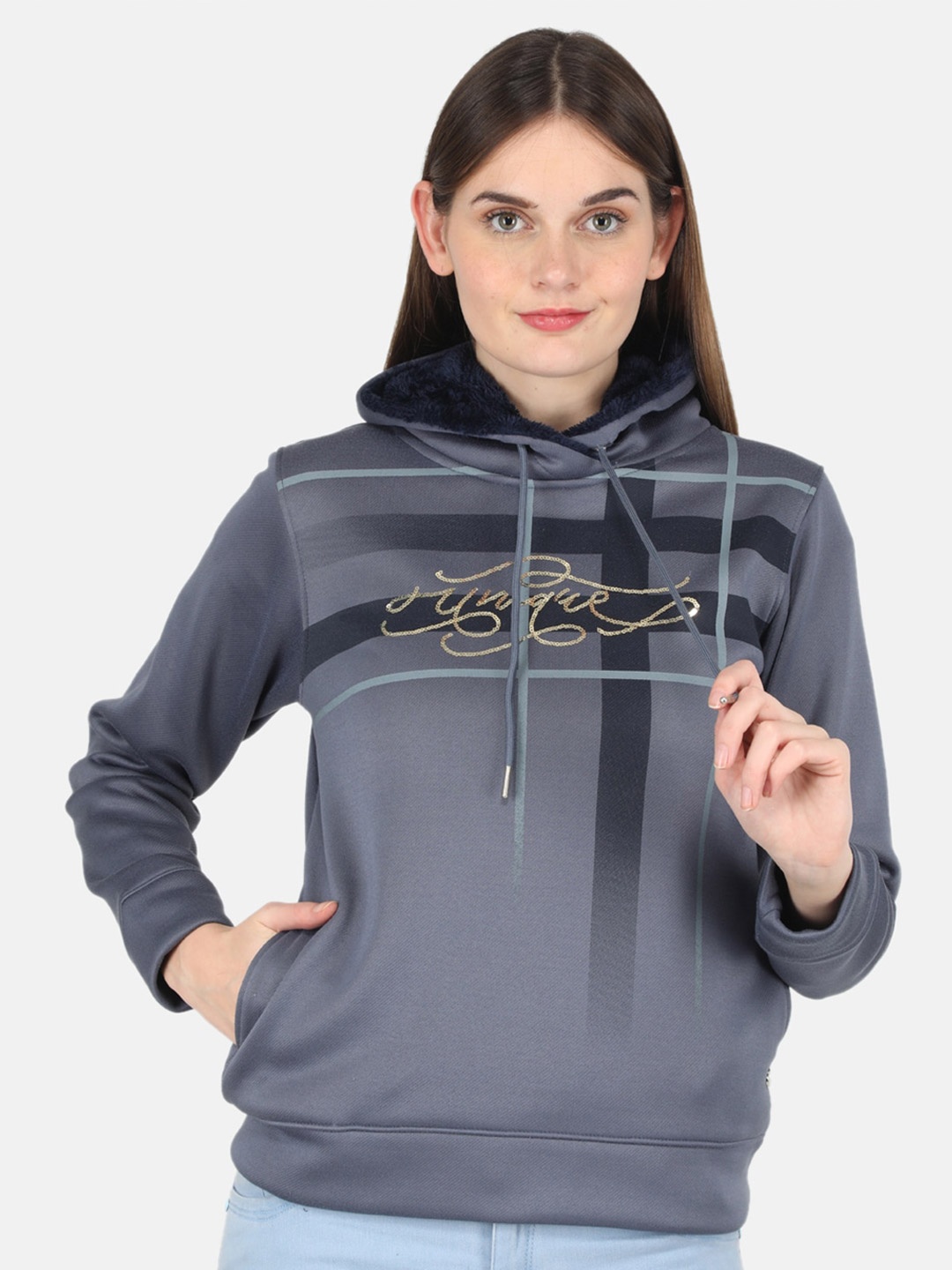 

Monte Carlo Women Grey Printed Hooded Sweatshirt