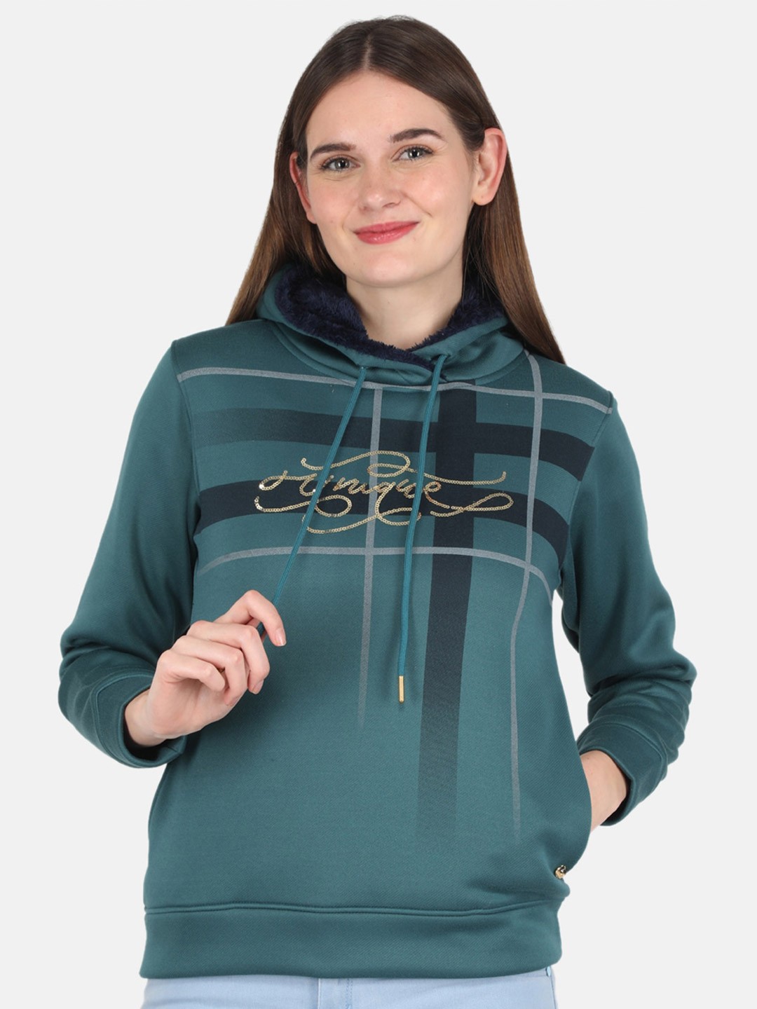 

Monte Carlo Women Green Printed Hooded Sweatshirt