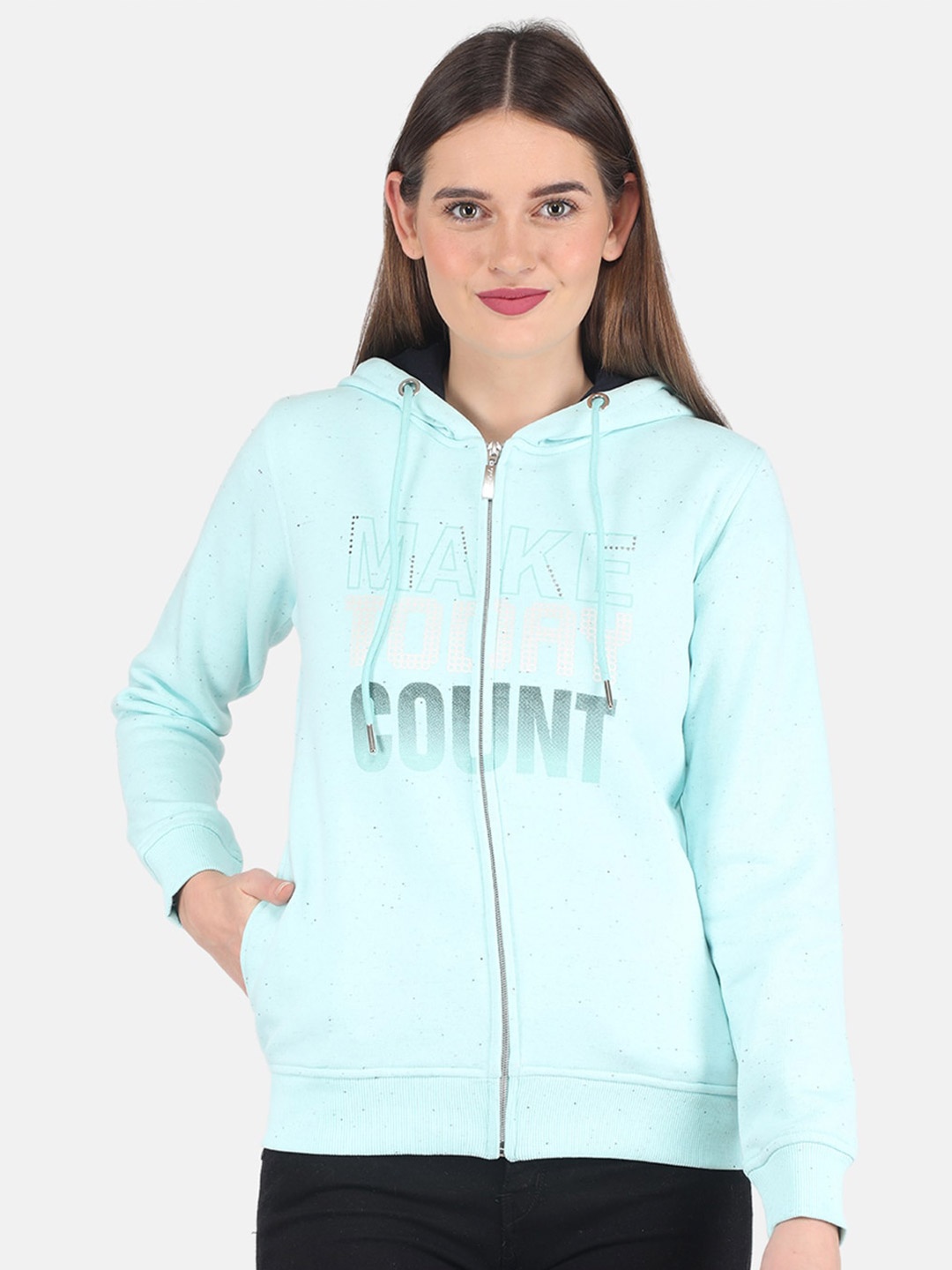 

Monte Carlo Women Blue Printed Cotton Hooded Sweatshirt