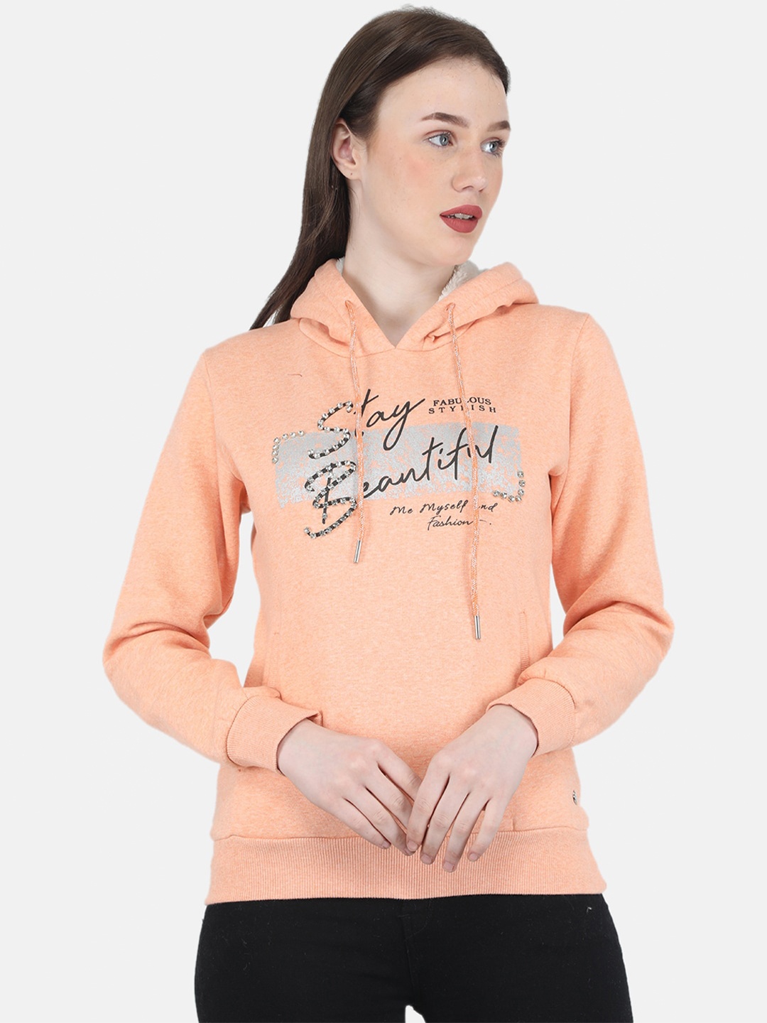 

Monte Carlo Women Peach-Coloured Printed Hooded Sweatshirt