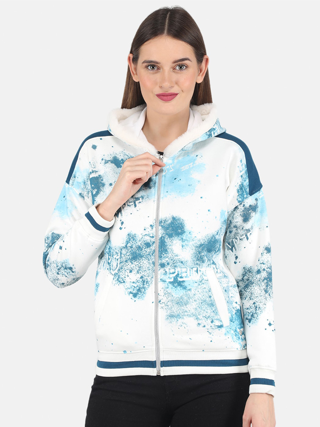 

Monte Carlo Women Off White & Blue Printed Hooded Sweatshirt