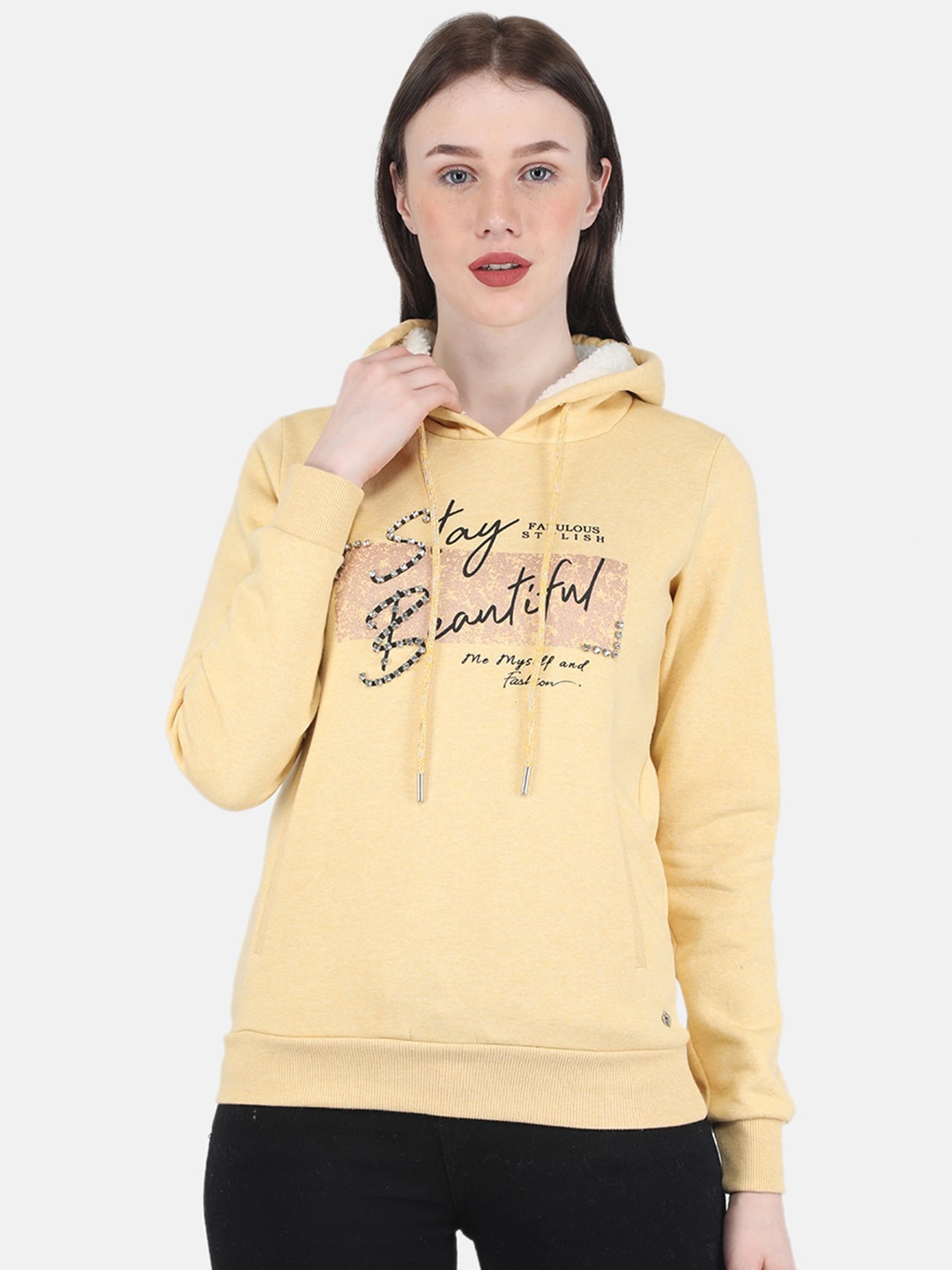 

Monte Carlo Women Yellow Printed Hooded Sweatshirt