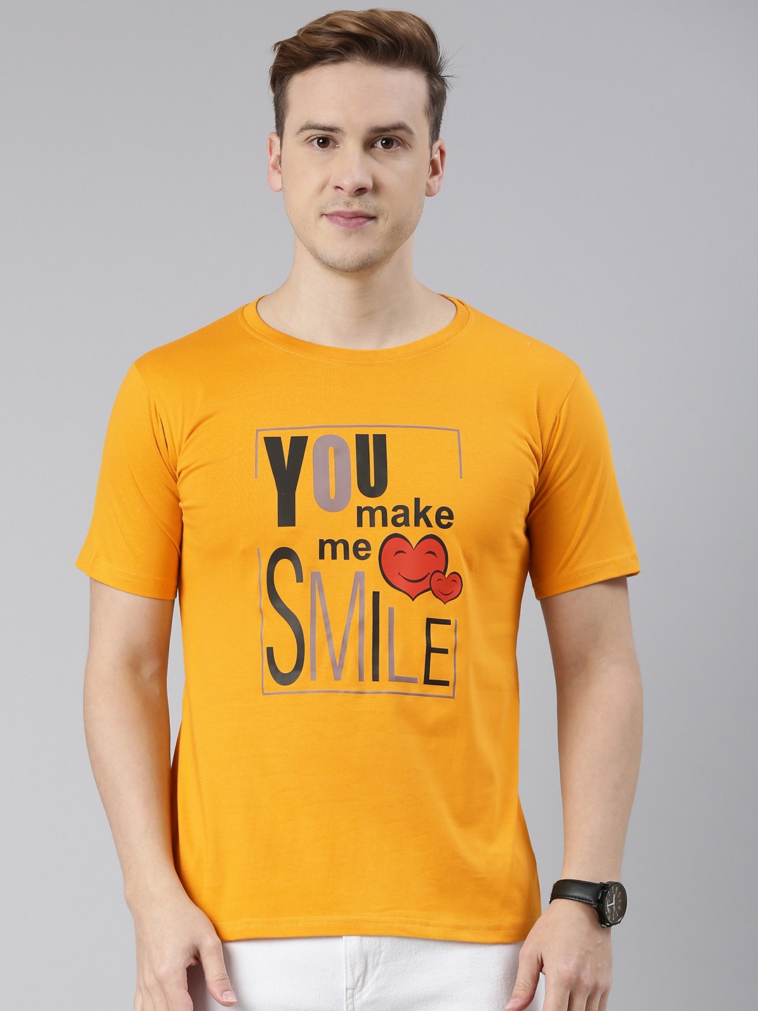 

BRATMA Men Mustard Yellow Typography Printed Pure Cotton T-shirt