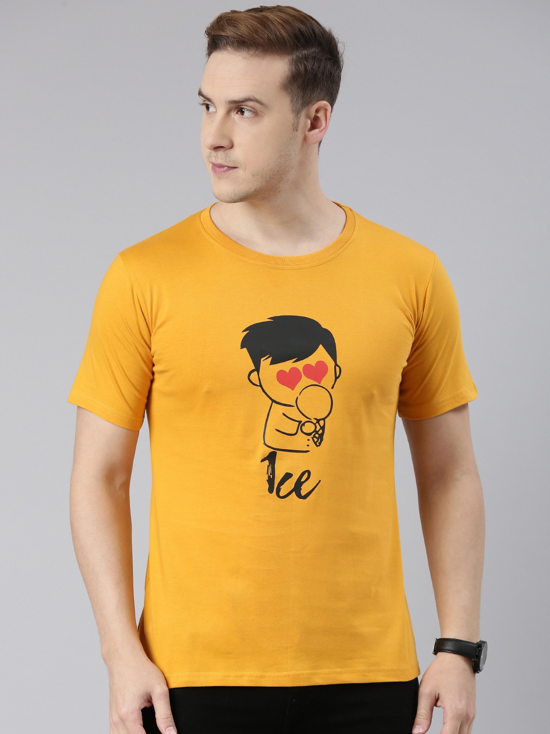 

BRATMA Men Printed Pure Cotton T-shirt, Mustard