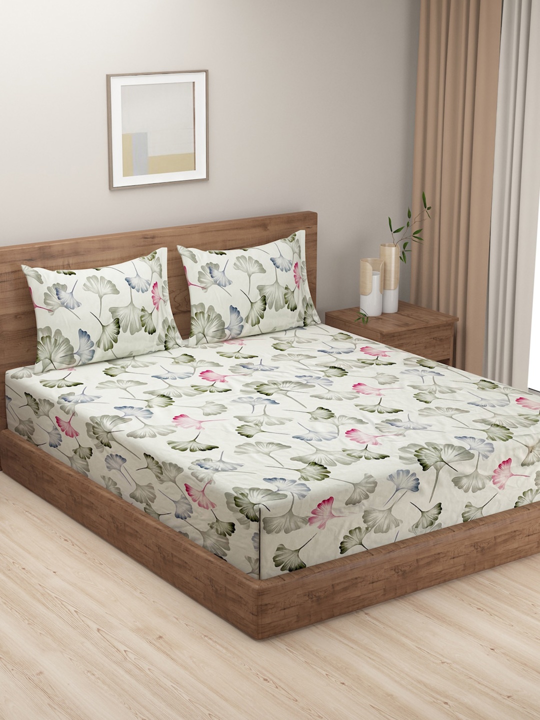 

SWAYAM White & Grey Floral Printed 240 TC Cotton Queen Bedsheet with 2 Pillow Covers, Off white