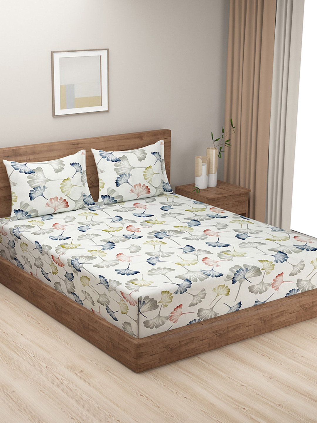 

SWAYAM Ananda Floral Printed 240 TC Cotton Queen Bedsheet with 2 Pillow Covers, Off white