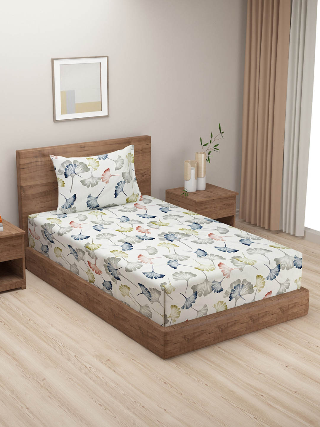 

SWAYAM Ananda Floral Printed 240 TC Cotton Single Bedsheet with 1 Pillow Cover, White