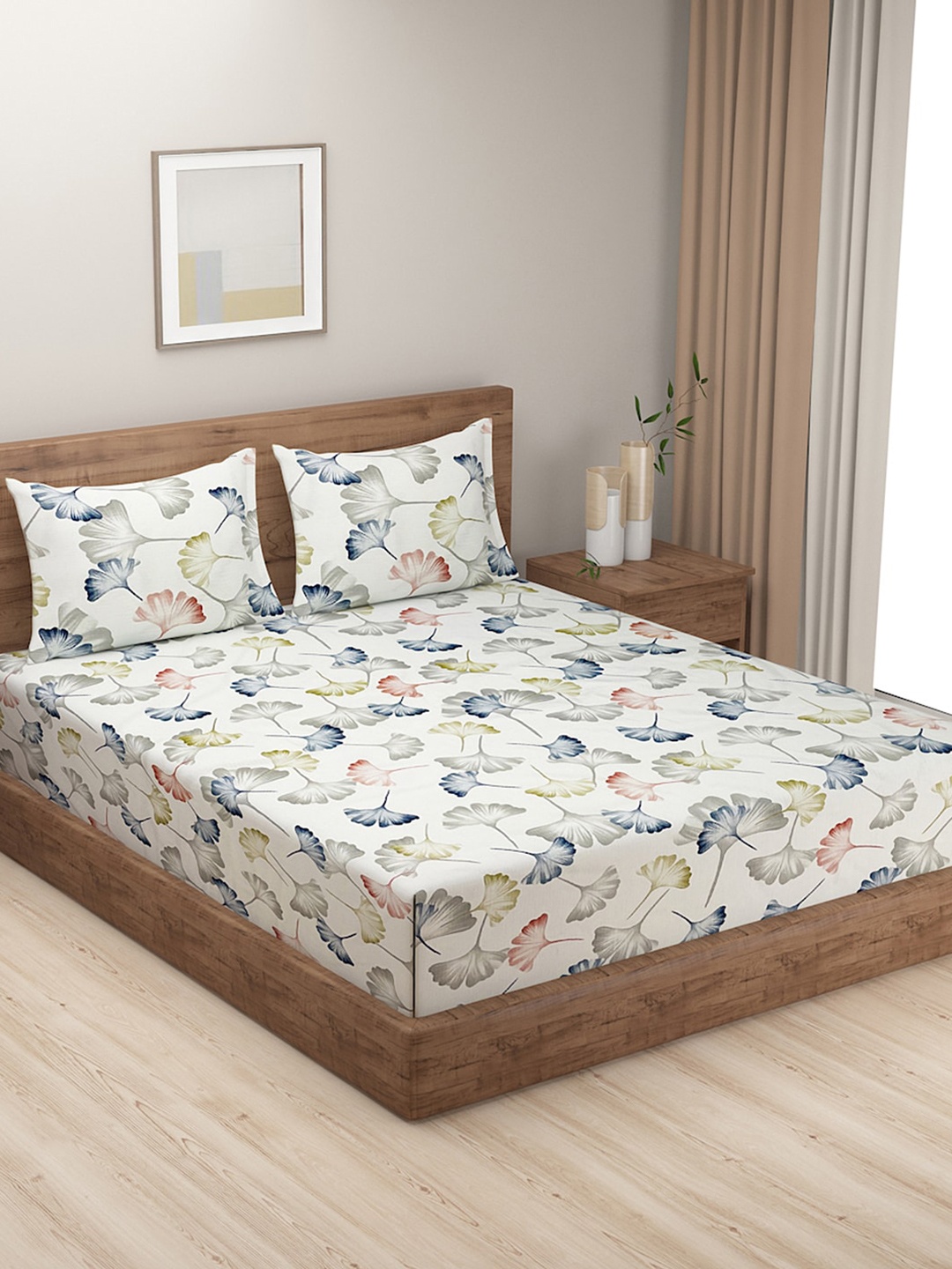 

SWAYAM White & Grey Floral Printed 240 TC Cotton King Bedsheet with 2 Pillow Covers
