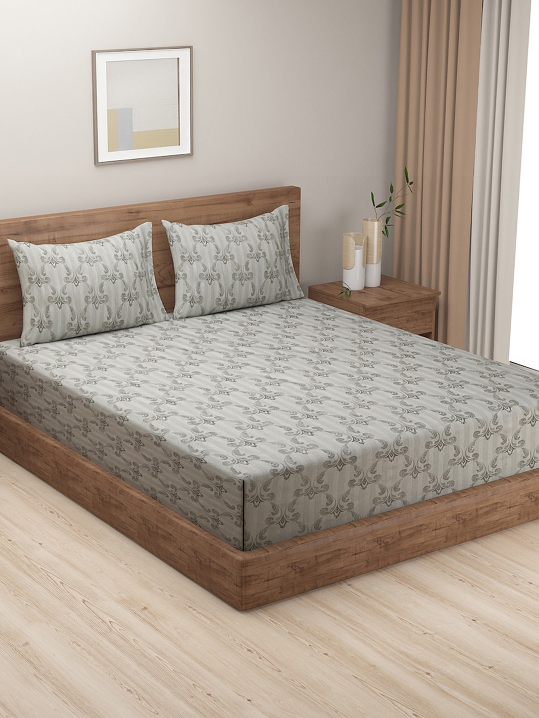 

SWAYAM Zinnia Ethnic Motifs Printed 240 TC Cotton Queen Bedsheet with 2 Pillow Covers, Grey