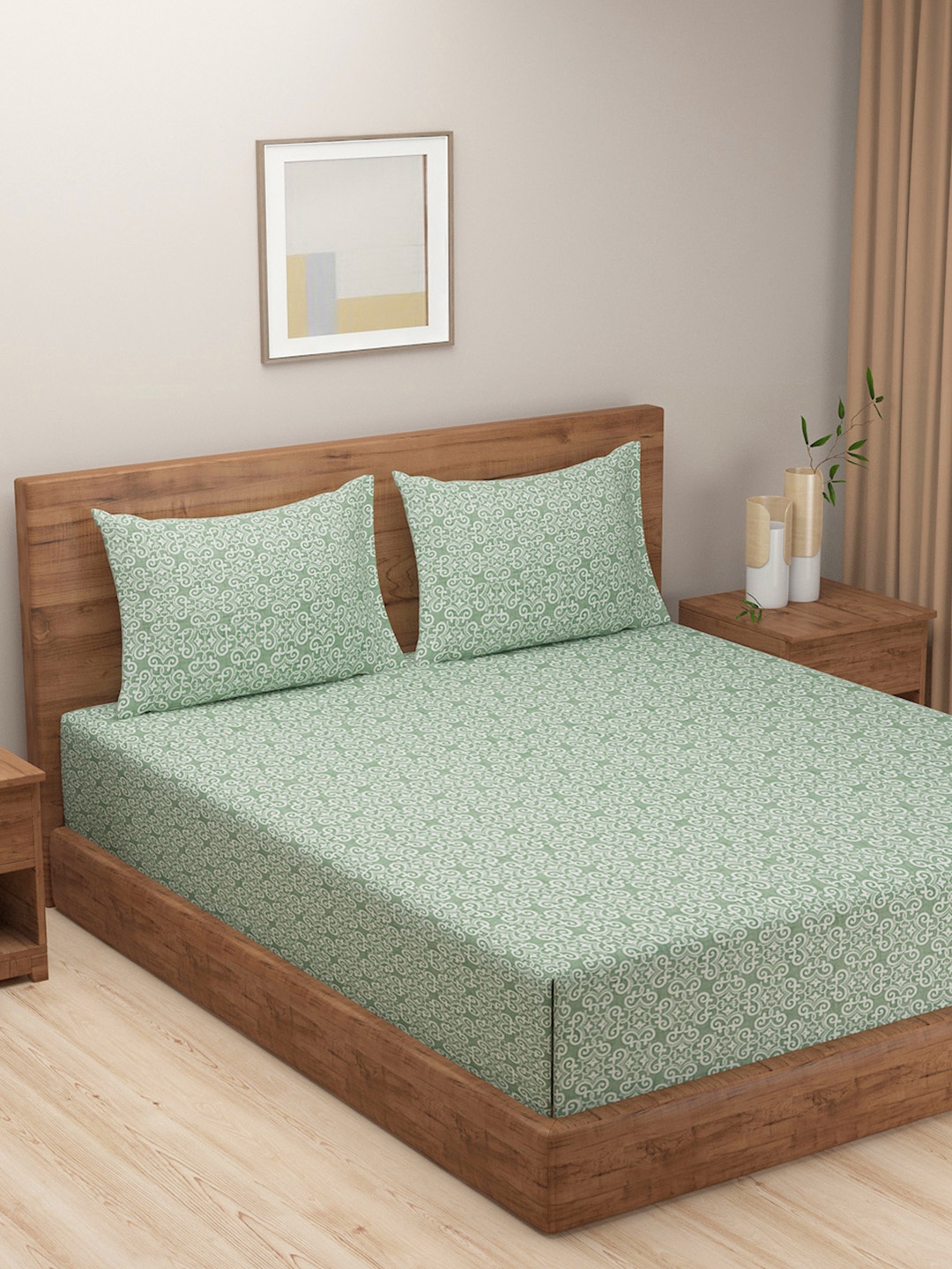 

SWAYAM Green An&a Geometric Print 210 TC Cotton King Fitted Bedsheet Set