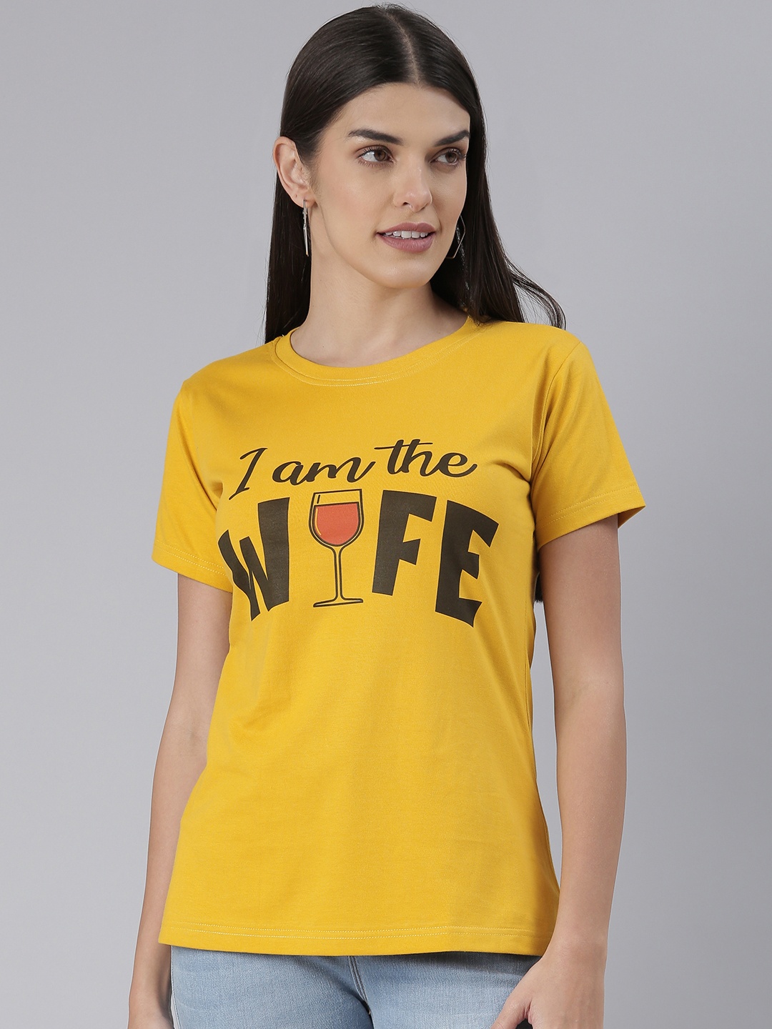 BRATMA Women Typography Printed T-shirt, Mustard