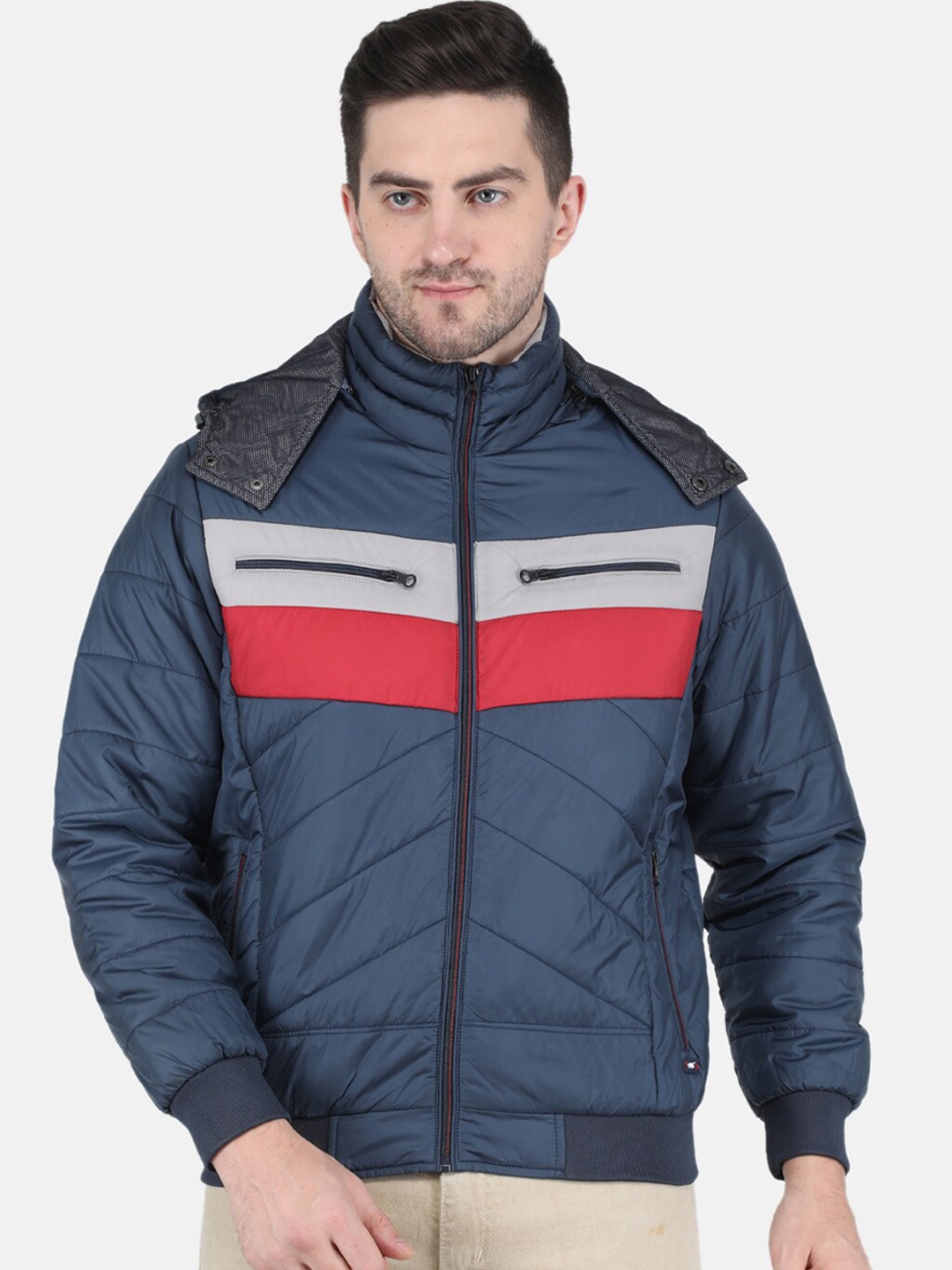 

Monte Carlo Men Navy Blue & Red Colourblocked Hooded Bomber Jacket