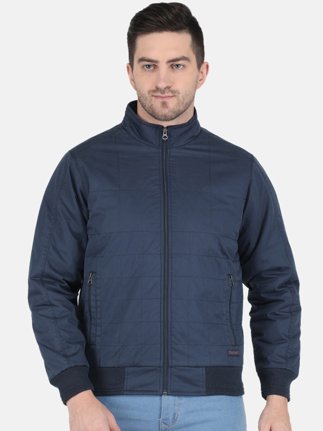 

Monte Carlo Men Navy Blue Checked Long Sleeves Bomber Jacket