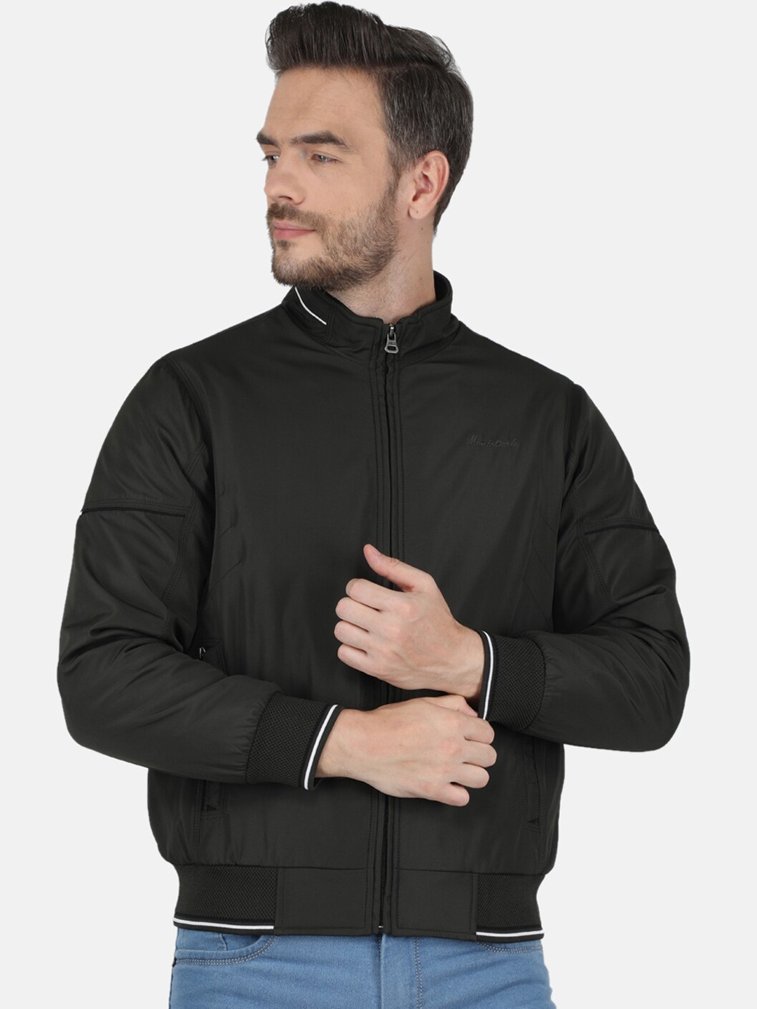 

Monte Carlo Men Olive Green Solid Long Sleeves Bomber Jacket