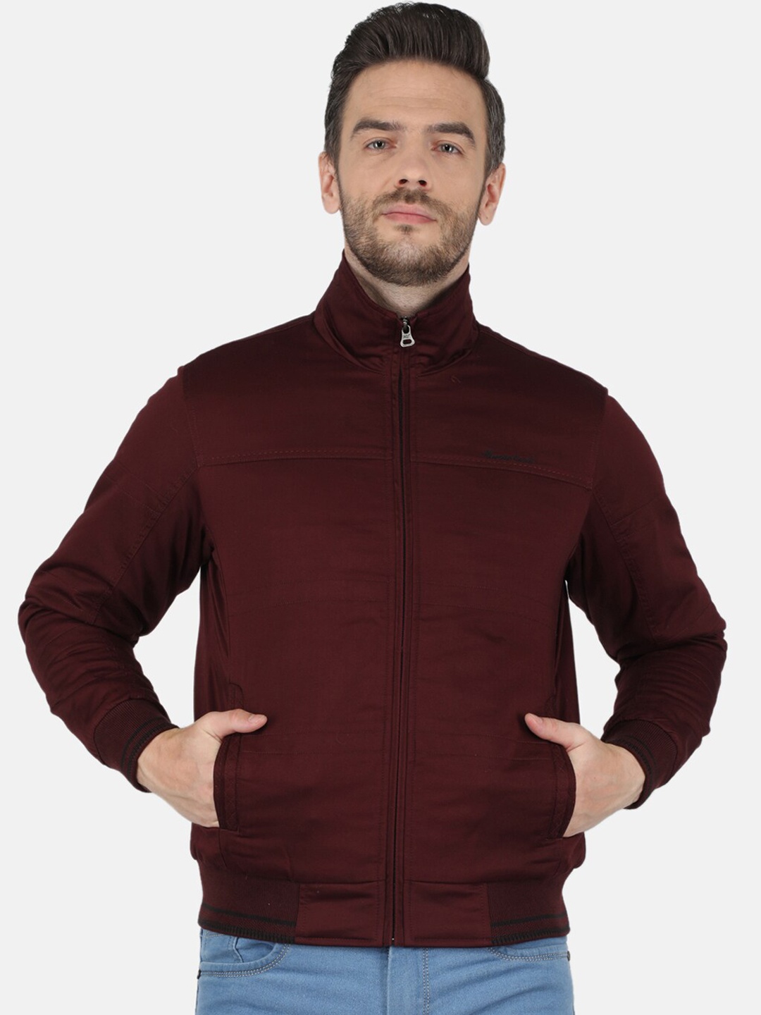 

Monte Carlo Men Burgundy Solid Long Sleeves Bomber Jacket