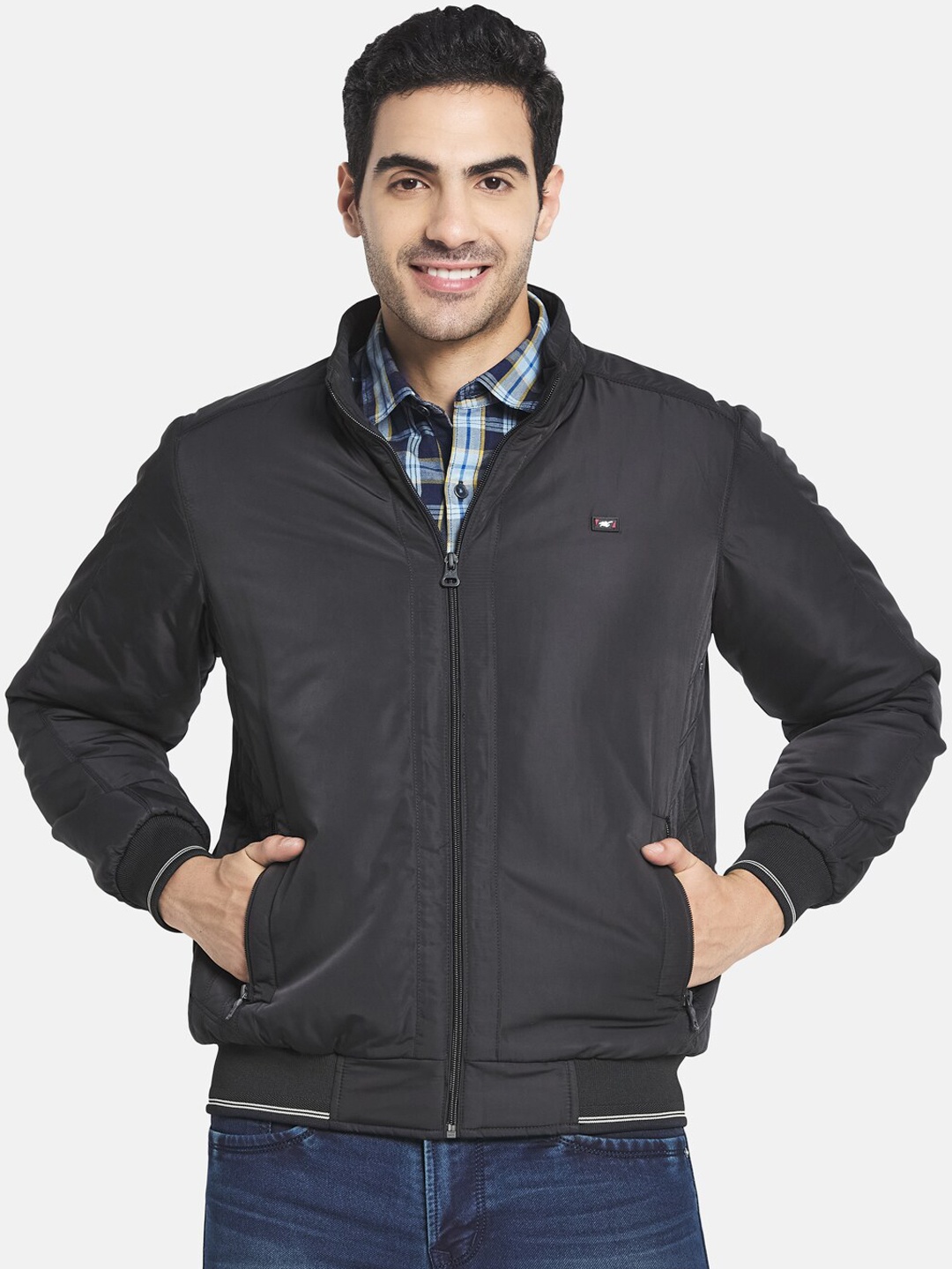 

Monte Carlo Men Black Solid Long Sleeves Bomber Jacket