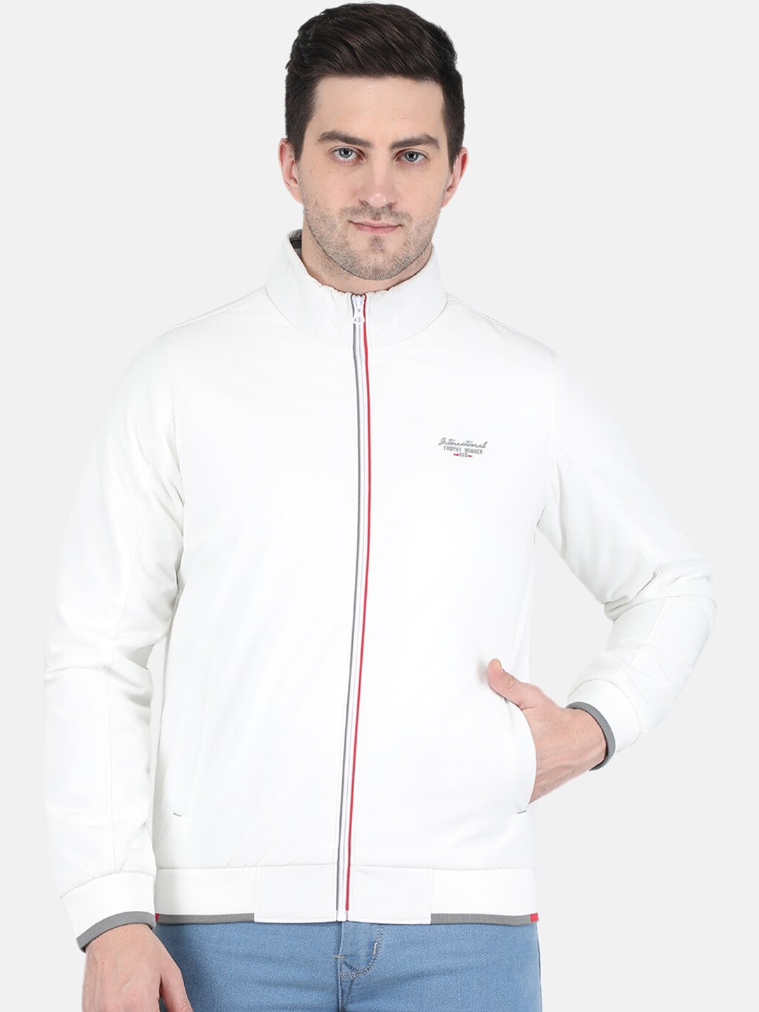 

Monte Carlo Men White Solid Long Sleeves Bomber Jacket