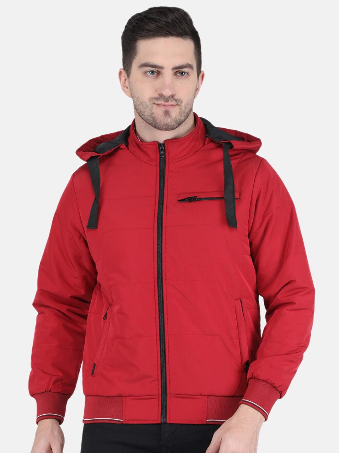 

Monte Carlo Men Red Solid Hooded Bomber Jacket