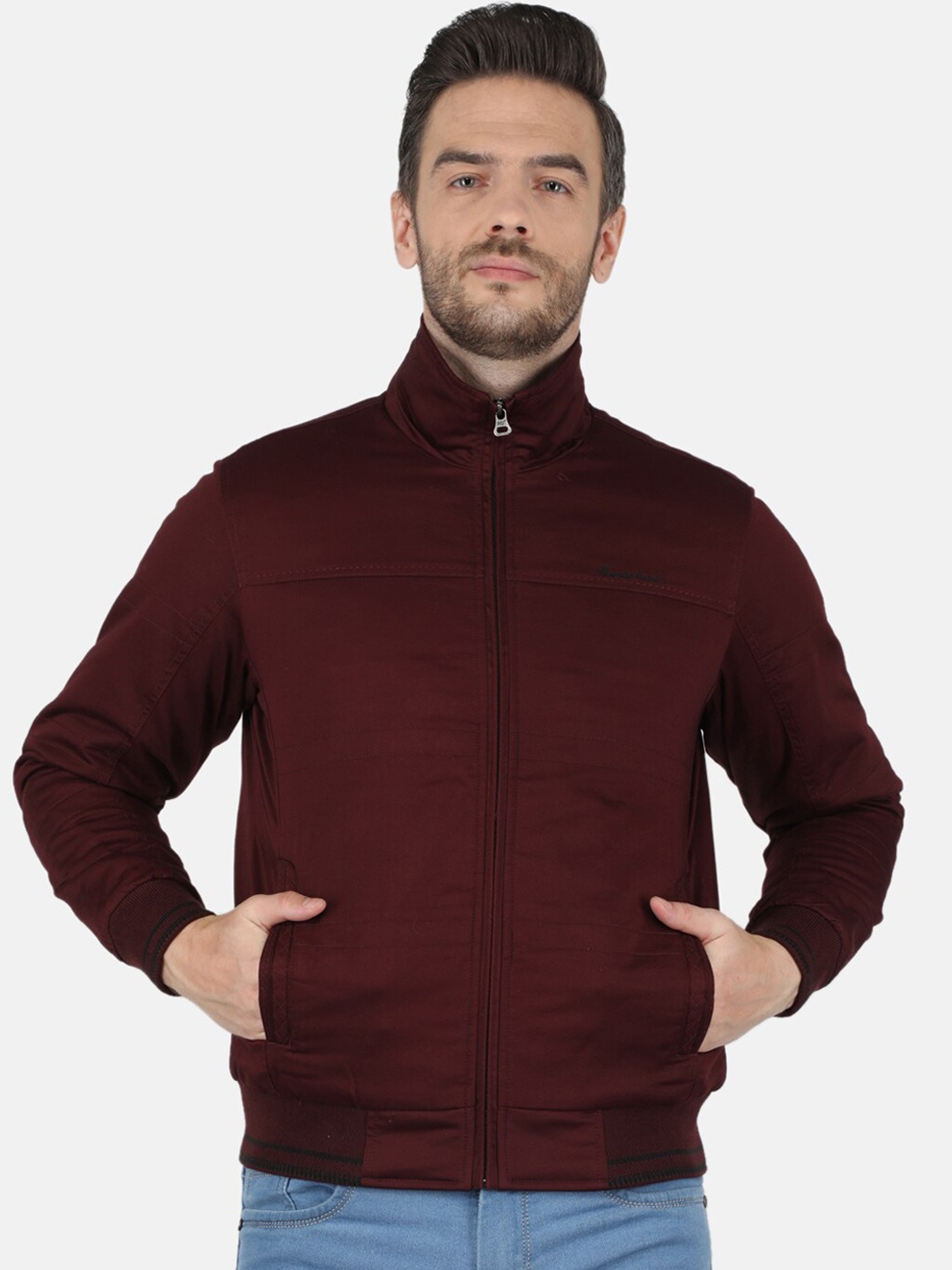 

Monte Carlo Men Burgundy Solid Long Sleeves Bomber Jacket