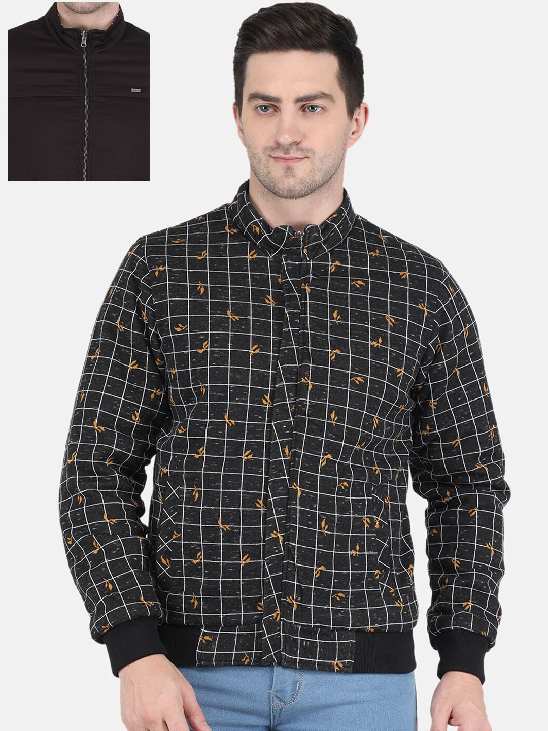 

Monte Carlo Men Black & Mustard Yellow Checked Reversible Bomber Jacket