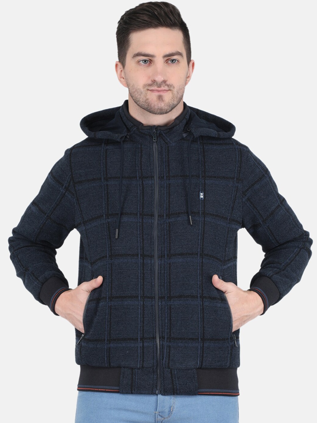 

Monte Carlo Men Navy Blue & Black Checked Hooded Bomber Jacket