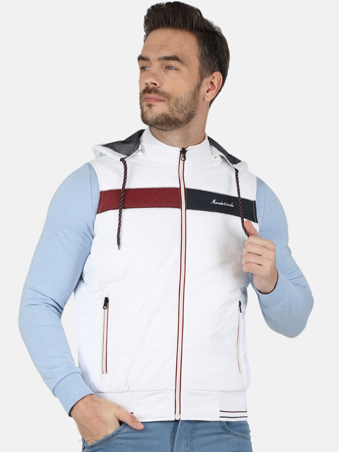 

Monte Carlo Men White & Red Colourblocked Hooded Bomber Jacket