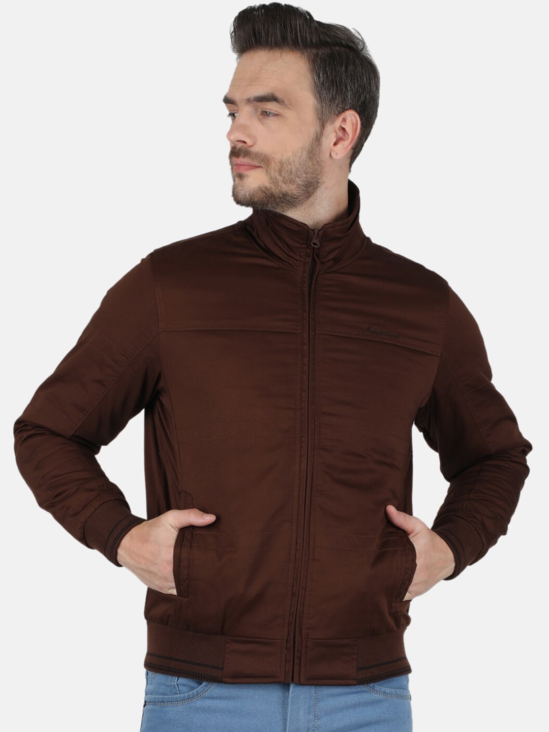 

Monte Carlo Men Burgundy Solid Long Sleeves Bomber Jacket