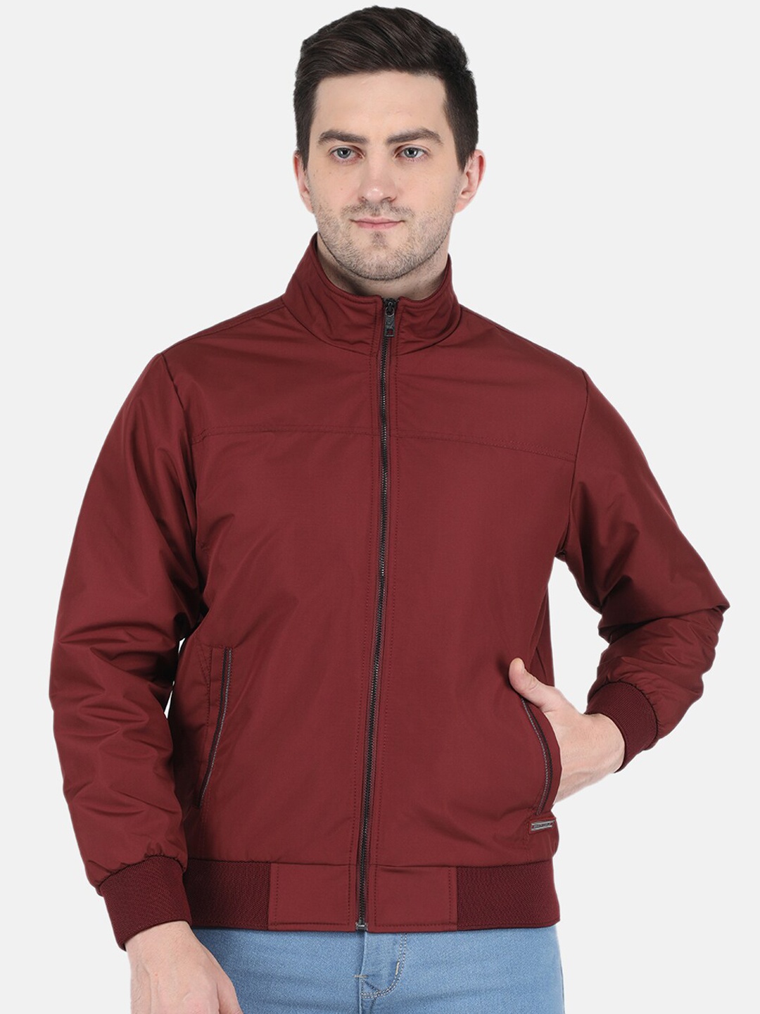 

Monte Carlo Men Maroon Solid Long Sleeves Bomber Jacket