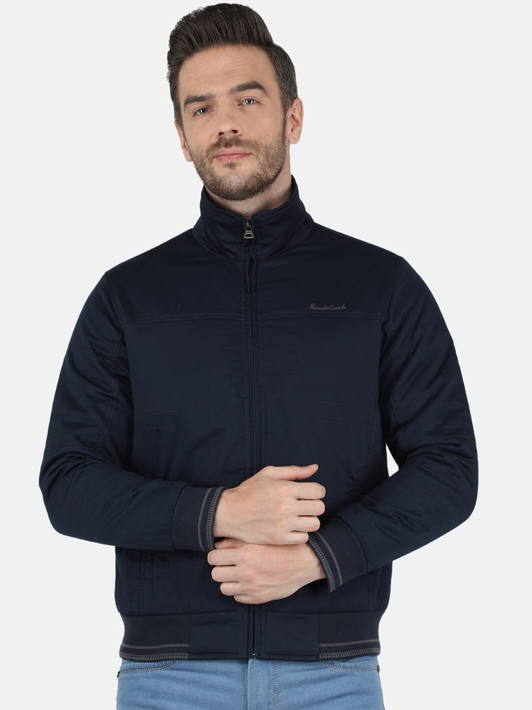 

Monte Carlo Men Navy Blue Solid Long Sleeves Bomber Jacket