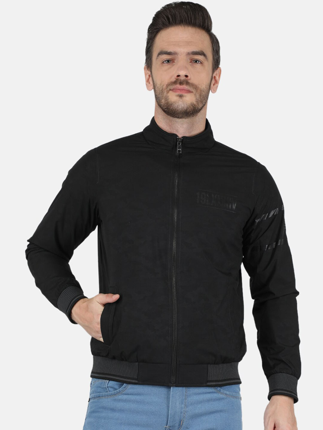 

Monte Carlo Men Black Solid Long Sleeves Bomber Jacket
