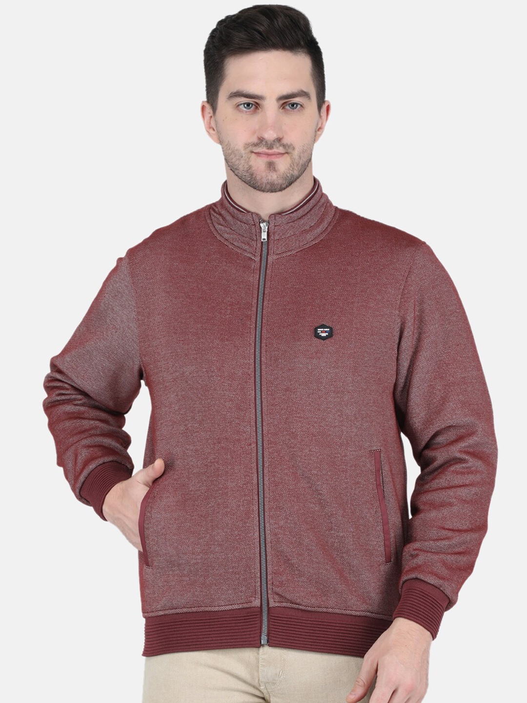 

Monte Carlo Men Maroon Self Design Bomber Jacket