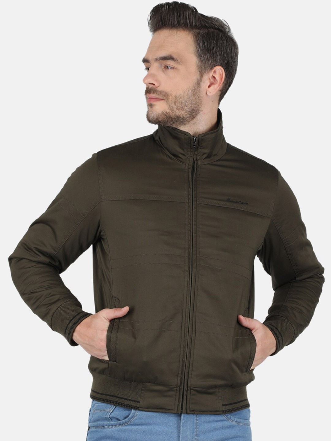 

Monte Carlo Men Olive Green Solid Long Sleeves Bomber Jacket